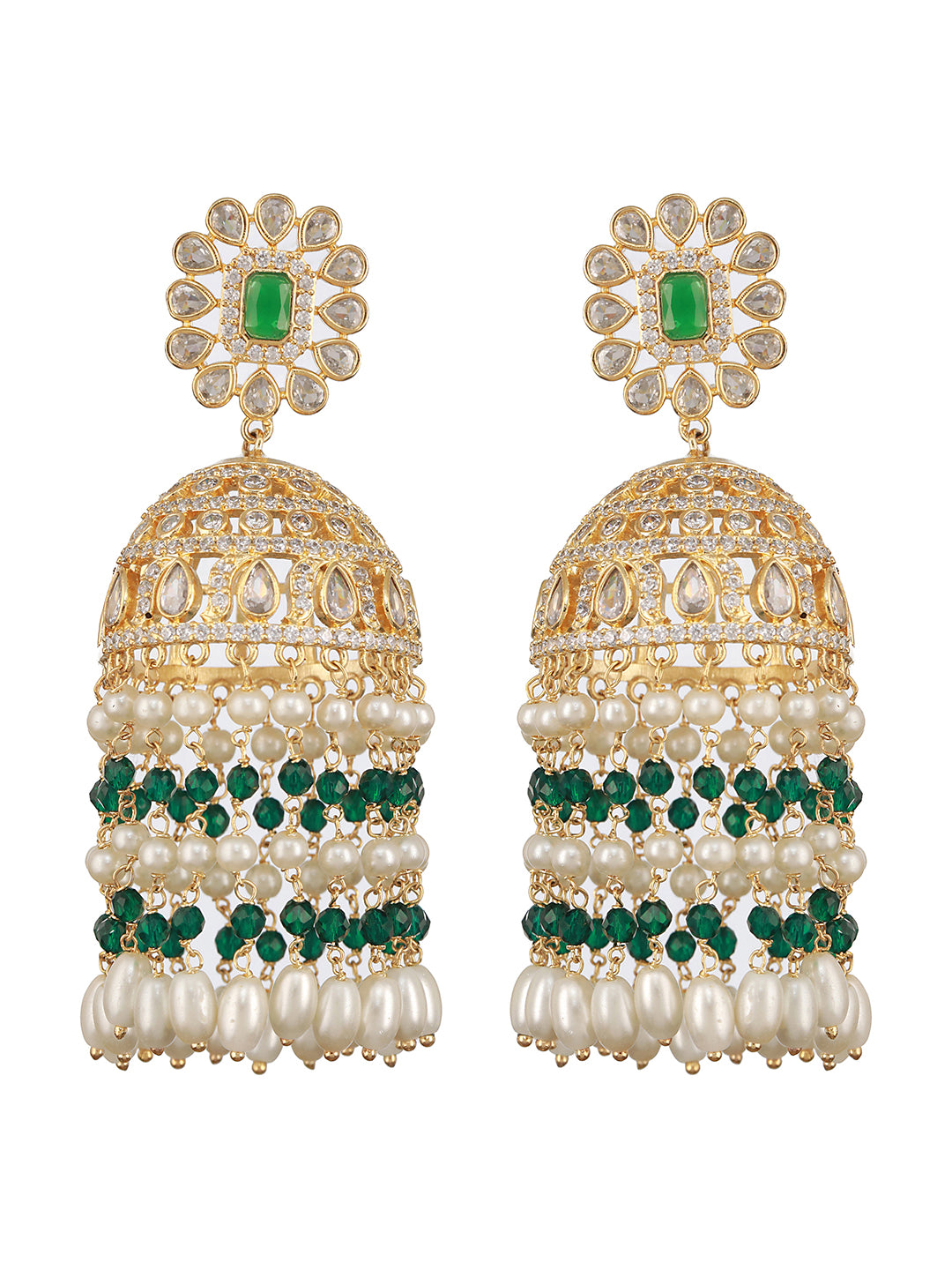 Gold Plated Green Zircon Pearl Beaded Contemporary Jhumka Earrings