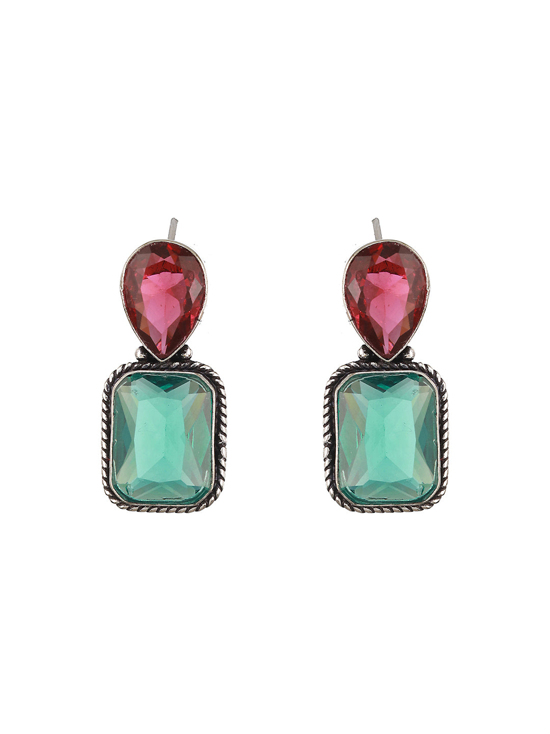 Silver Plated Red & Green AD Minimal Luxe Drop Earrings