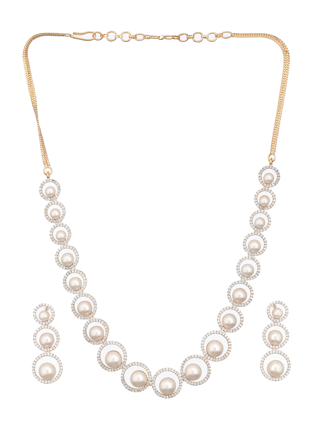 Gold Toned Pearl Beaded Designer Minimal Necklace  Jewellery Set