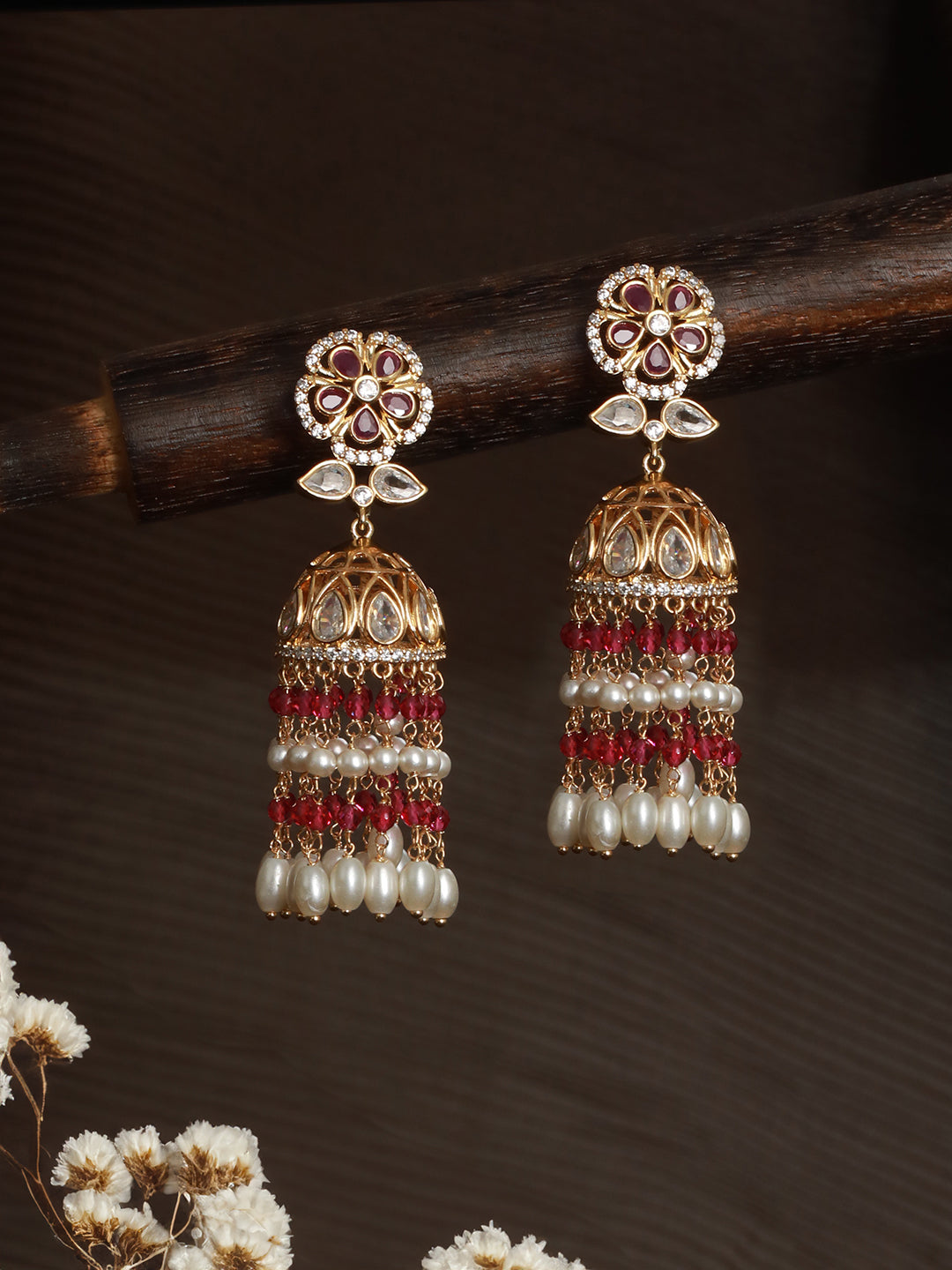Gold Plated Red AD Studded Designer Floral Long Pearl Earrings