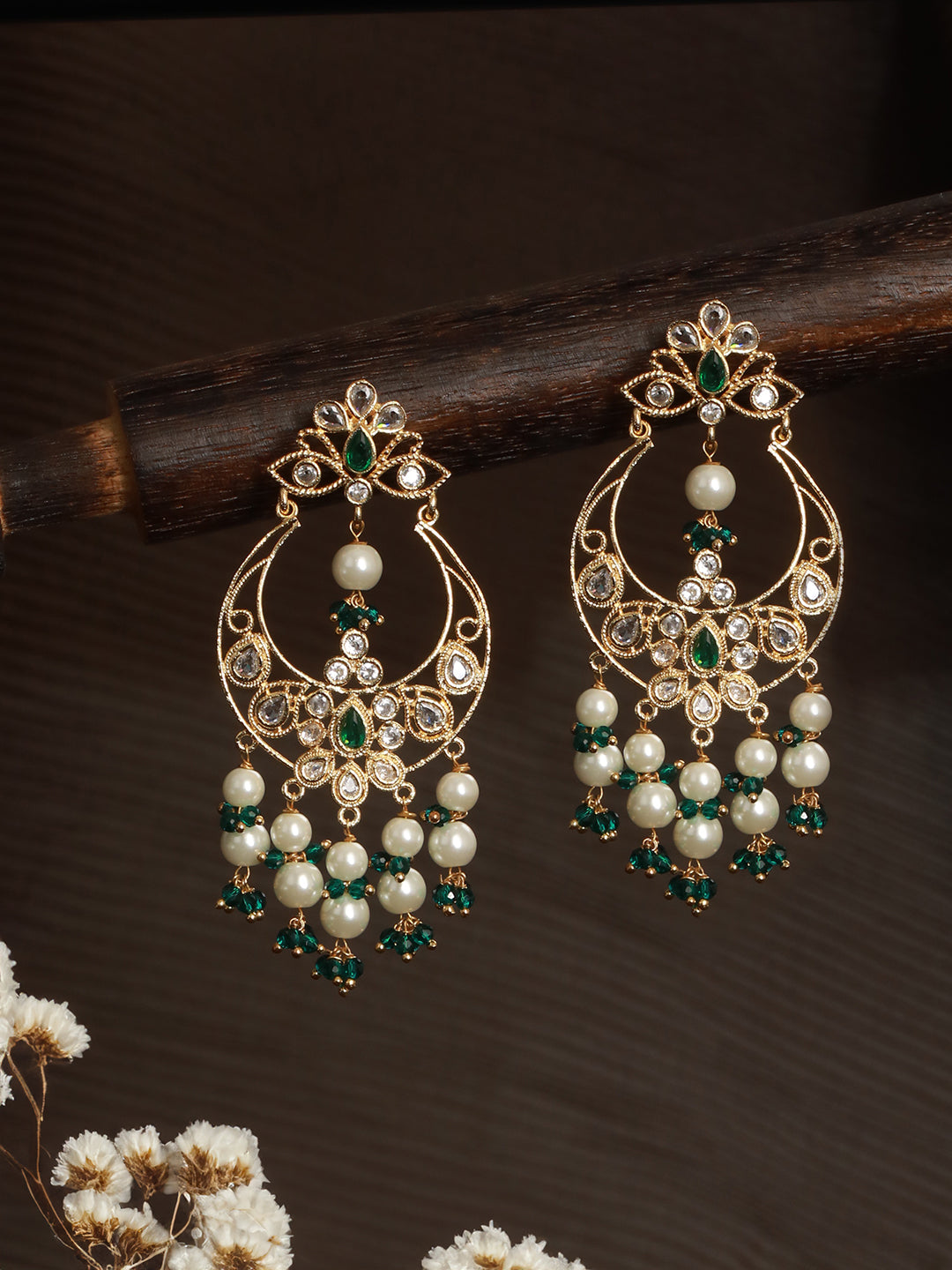 Gold Plated Green Zircon Pearl Beaded Kundan  Crescent Danglers Chandbali Earrings