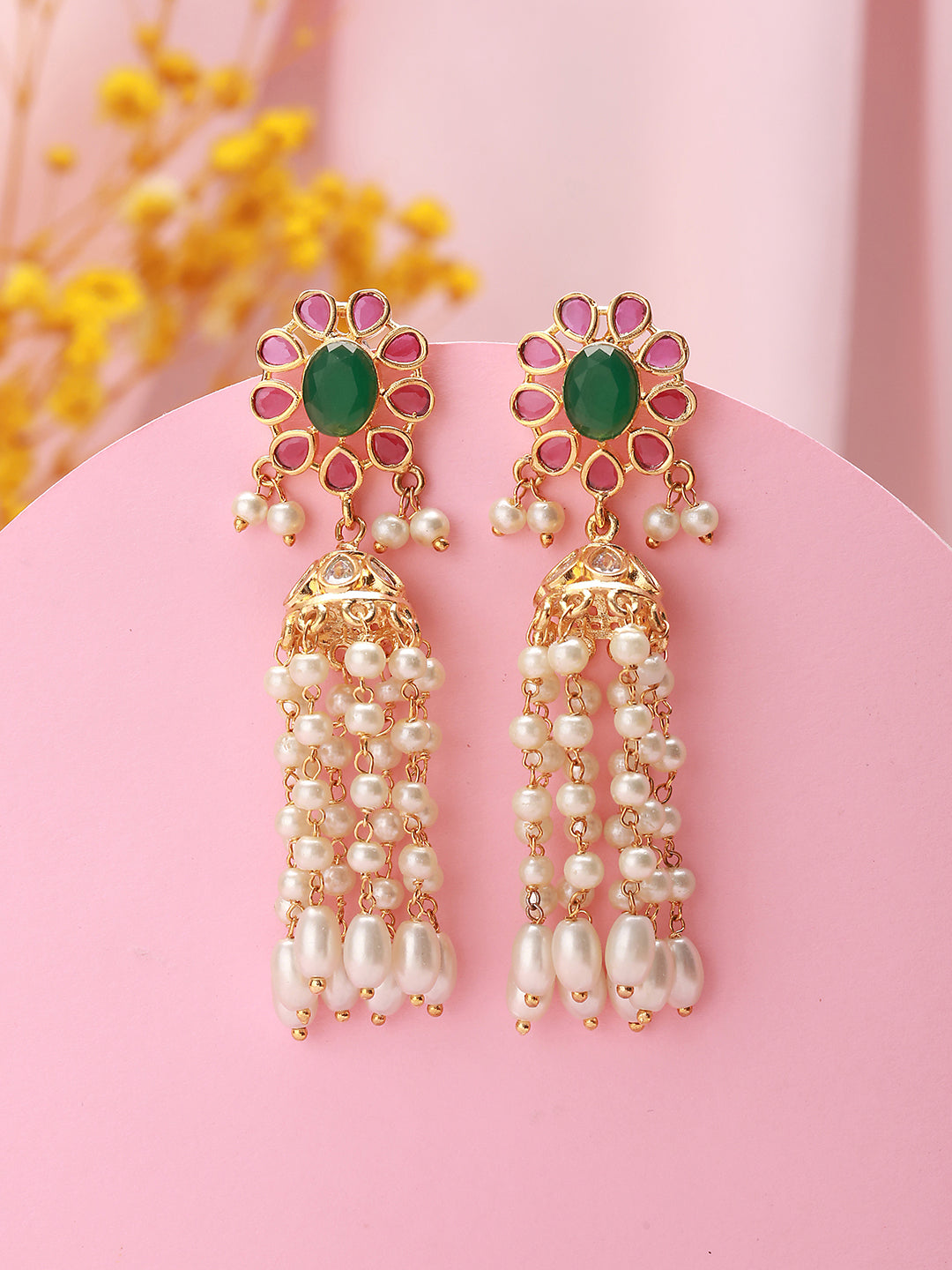Gold plated Red Green AD Pearl Lightweight Jhumka Earrings