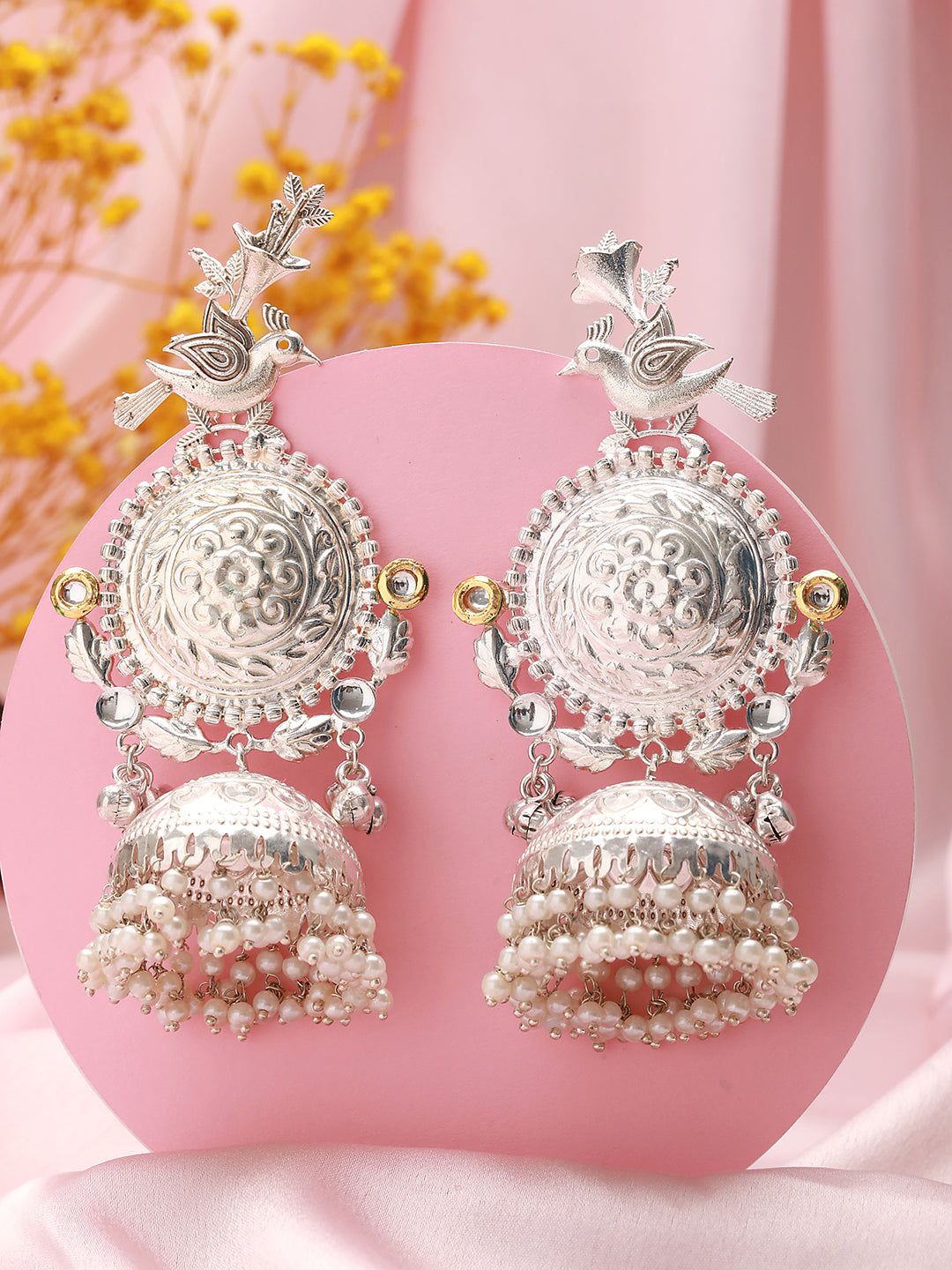 Silver Oxidised Kundan Studded Pearl Beaded Fusion Statement Light Weight Large Jhumka Earring