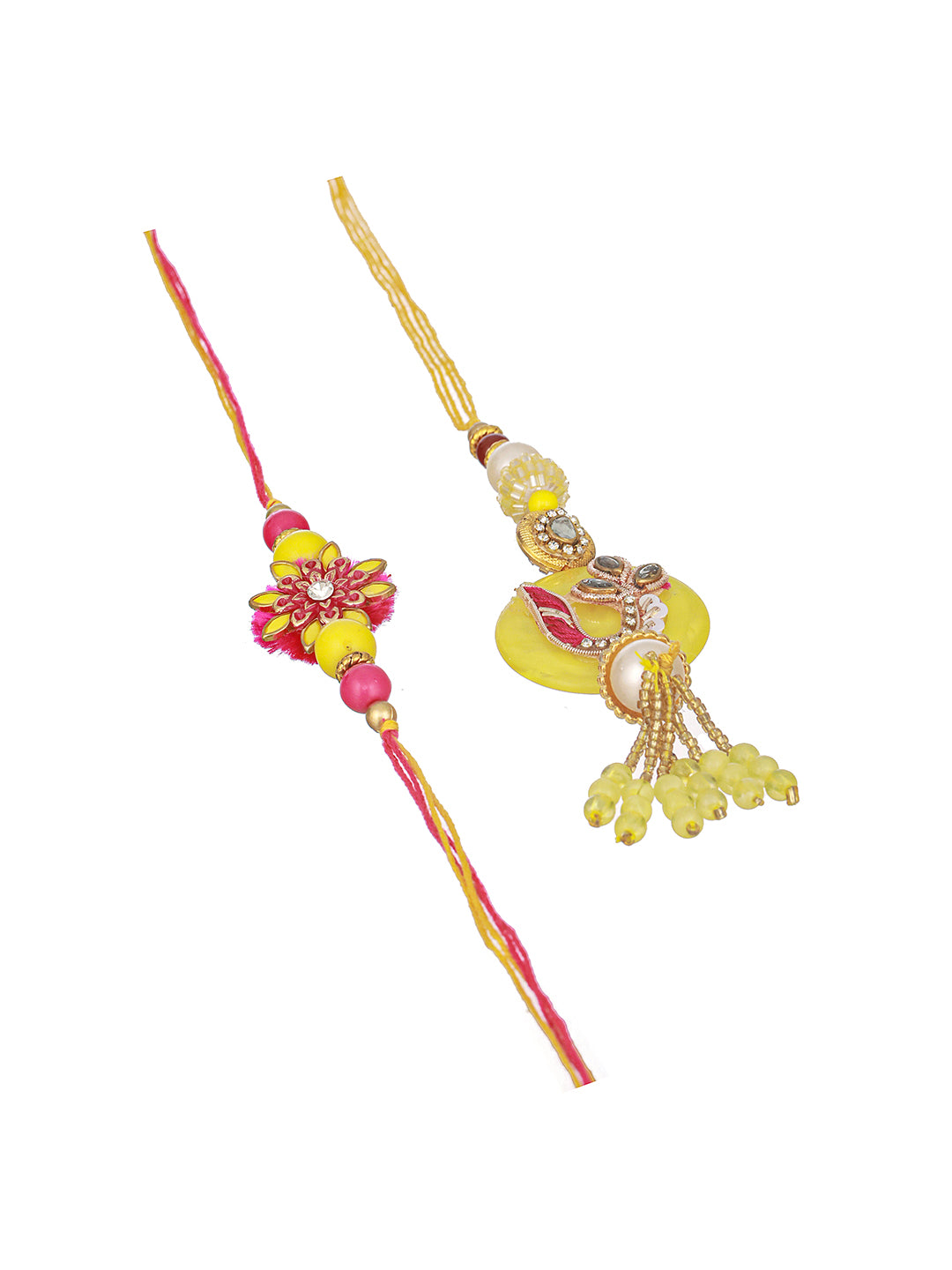 Set of 2 Yellow Kundan  Rakhi For Bhaiya & Bhabhi  Handcrafted Lumba Rakhi Set With Roli Chawal