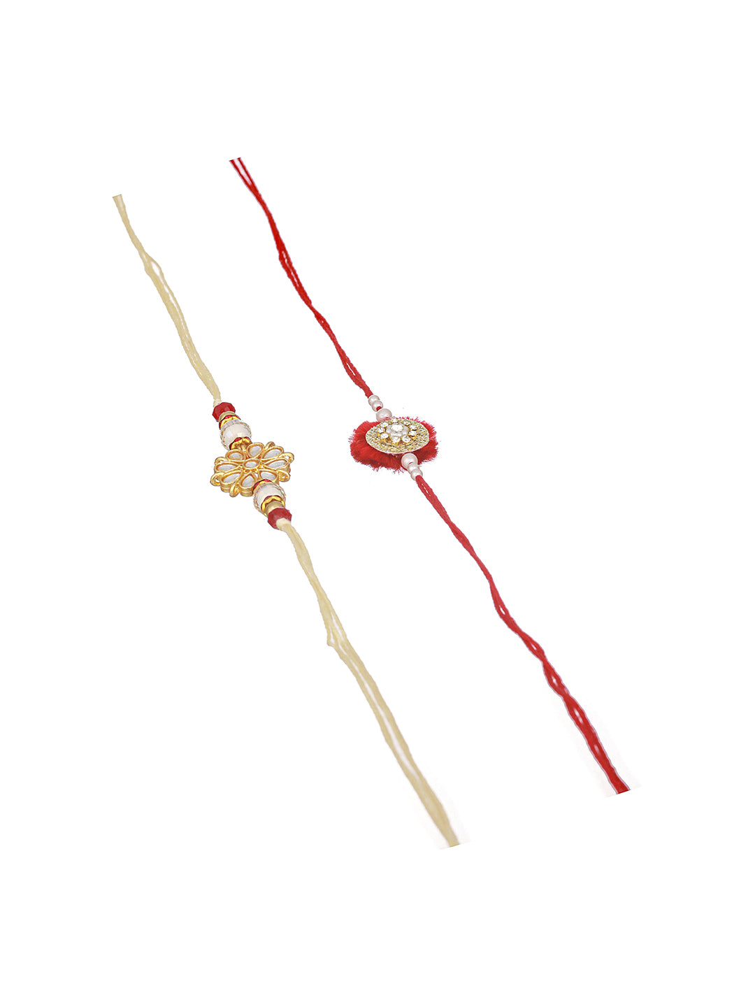 Set Of 2 Kundan Studded & Pearl Beaded Traditional  Thread Rakhi With Roli Tilak