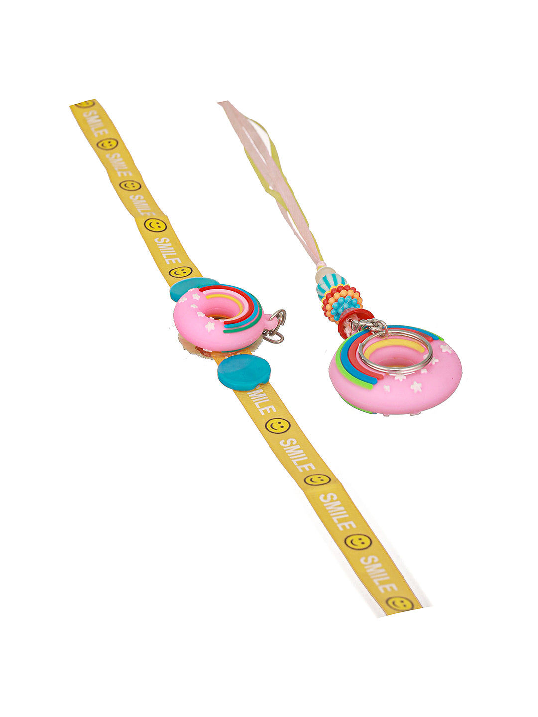 Set of 2 Boy & Girl Donut Key Chain Toy Rakhi with 999 Pure Silver King George 1 gram Silver Coin
