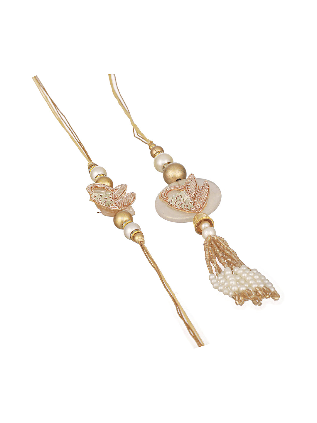 Set Of 2 Zardozi & Pearl Beaded  Ethnic Designer Lumba Rakhi Set With Roli Chawal