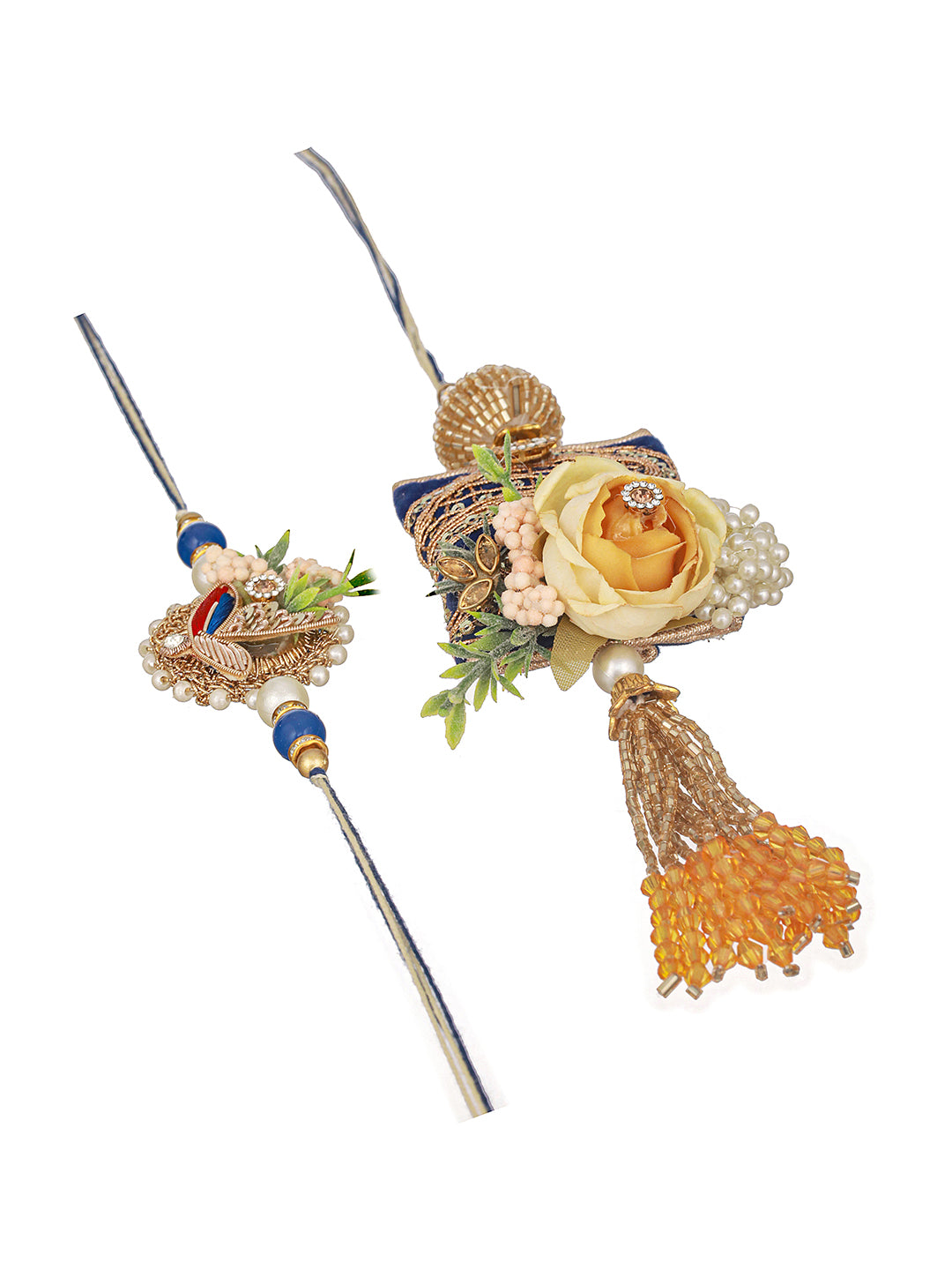 Set of 2 Kundan & Pearl Beaded Handcrafted Designer Rakhi Set For Bhaiya & Bhabhi with Roli Chawal