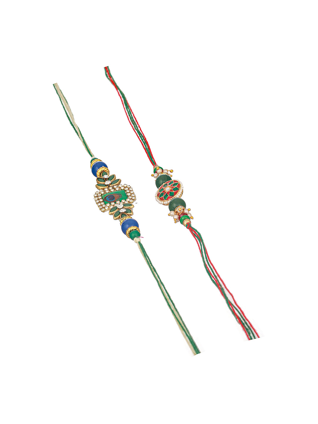 Set Of 2   Kundan Green Meenakari  Peacock Designer Rakhi With Roli Chawal