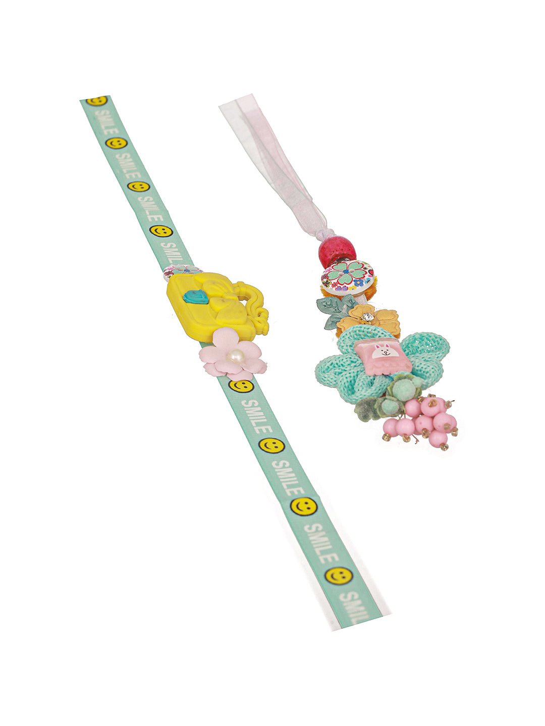 Set Of 2 Cute Handcrafted Ribbon Purse Flower Toy Rakhi Set For Kids
