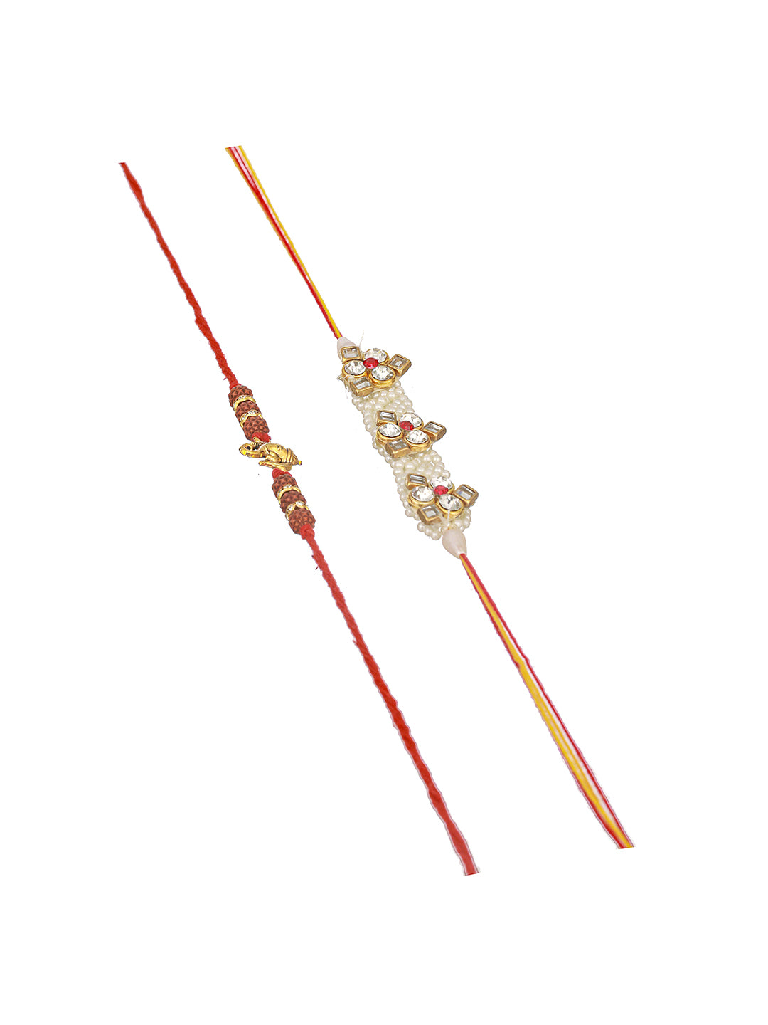 Set Of 2 Handcrafted  Ganesh Rudraksh & Pearl Beaded Combo Thread Moli  Rakhi Wth Roli Chawal