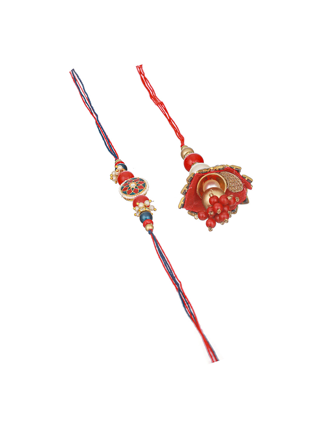 Set Of 2 Designer Red  Kundan & pearl  Handcrafted Lumba Rakhi Set With Roli Chawal For Bhai & Bhabhi