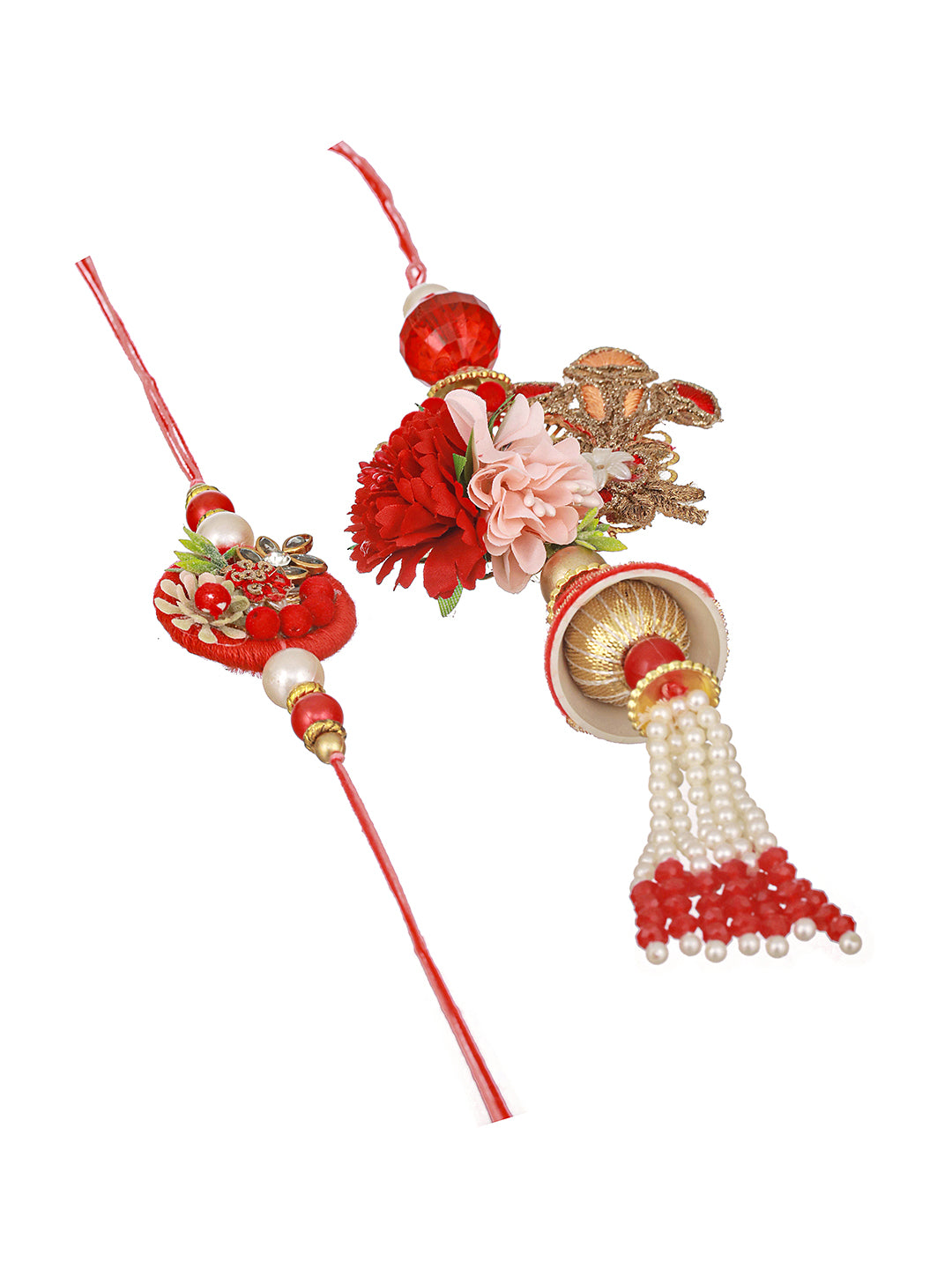 Set of 2 Designer Red  Kundan Zardozi  Handcrafted Lumba Rakhi Set With Roli Chawal For Bhai & Bhabhi