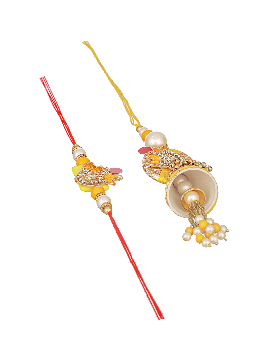 Set of 2 Yellow Designer Zardozi & Pearl Beaded Handcrafted Lumba Rakhi Set For Bhaiya & Bhabhi