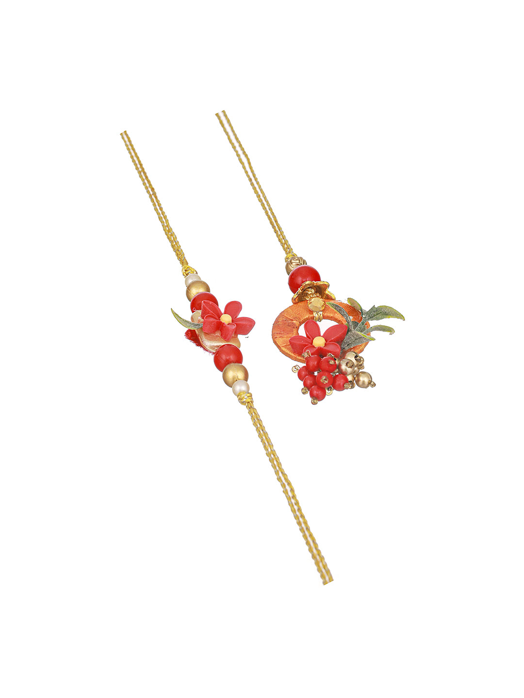 Set Of 2 Orange Red flower Beaded Handcrafted Lumba Rakhi Set For Boys & Girls with Roli Chawal