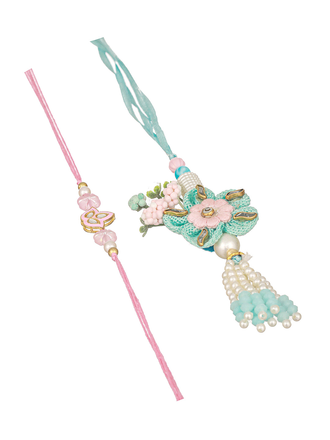 Set Of 2 Handcrafted Sea Green  Flower & Pearl Beaded Rakhi For Girls & Boys