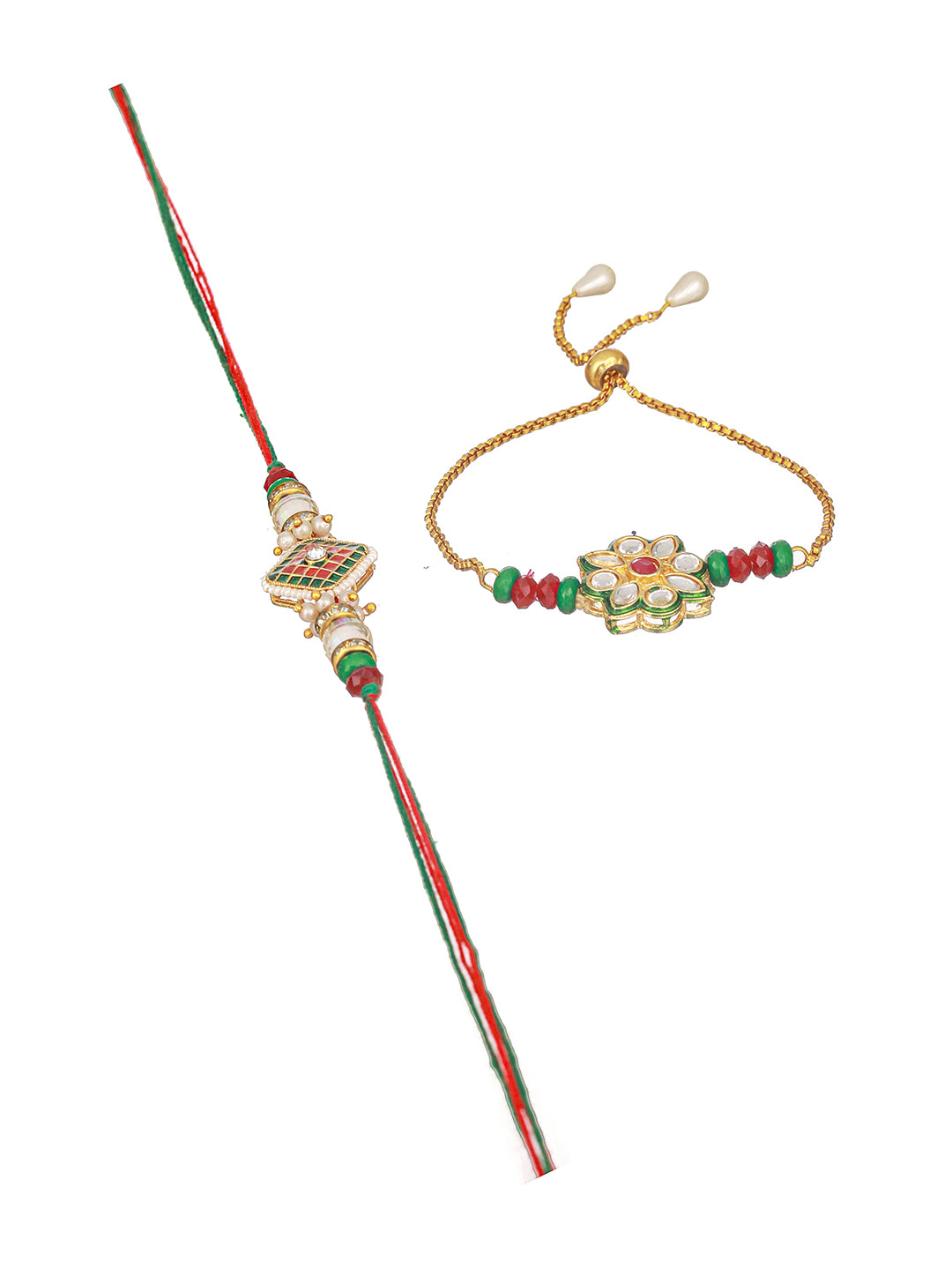Set Of 2 Floral Green Kundan & Meenakari  Couple Bracelet Rakhi Set For Bhaiya & Bhabhi With Roli Tilak