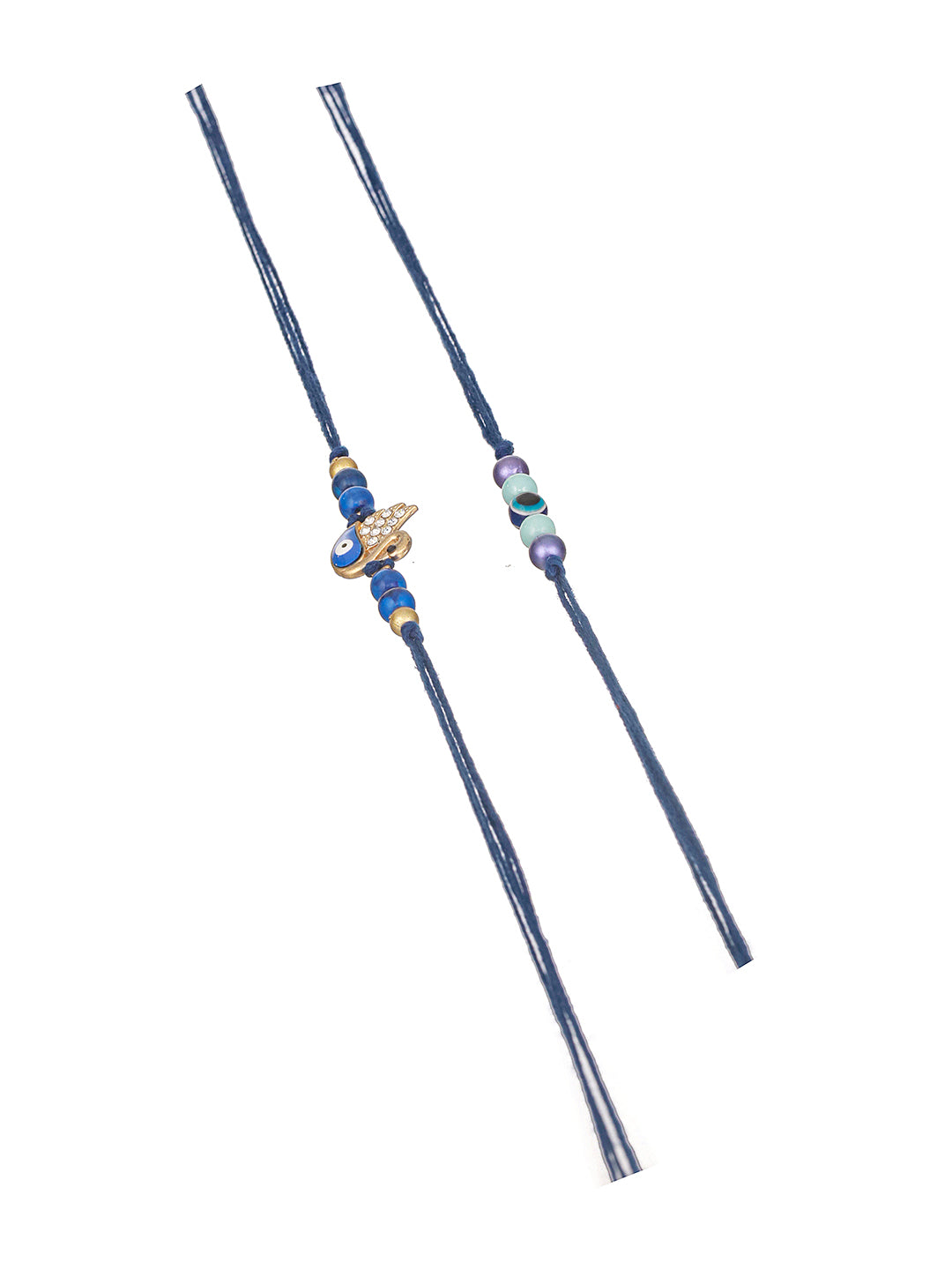 Set Of 2 Evil Eye Crystal Beaded  Swan Blue Thread Rakhi With Roli Tilak