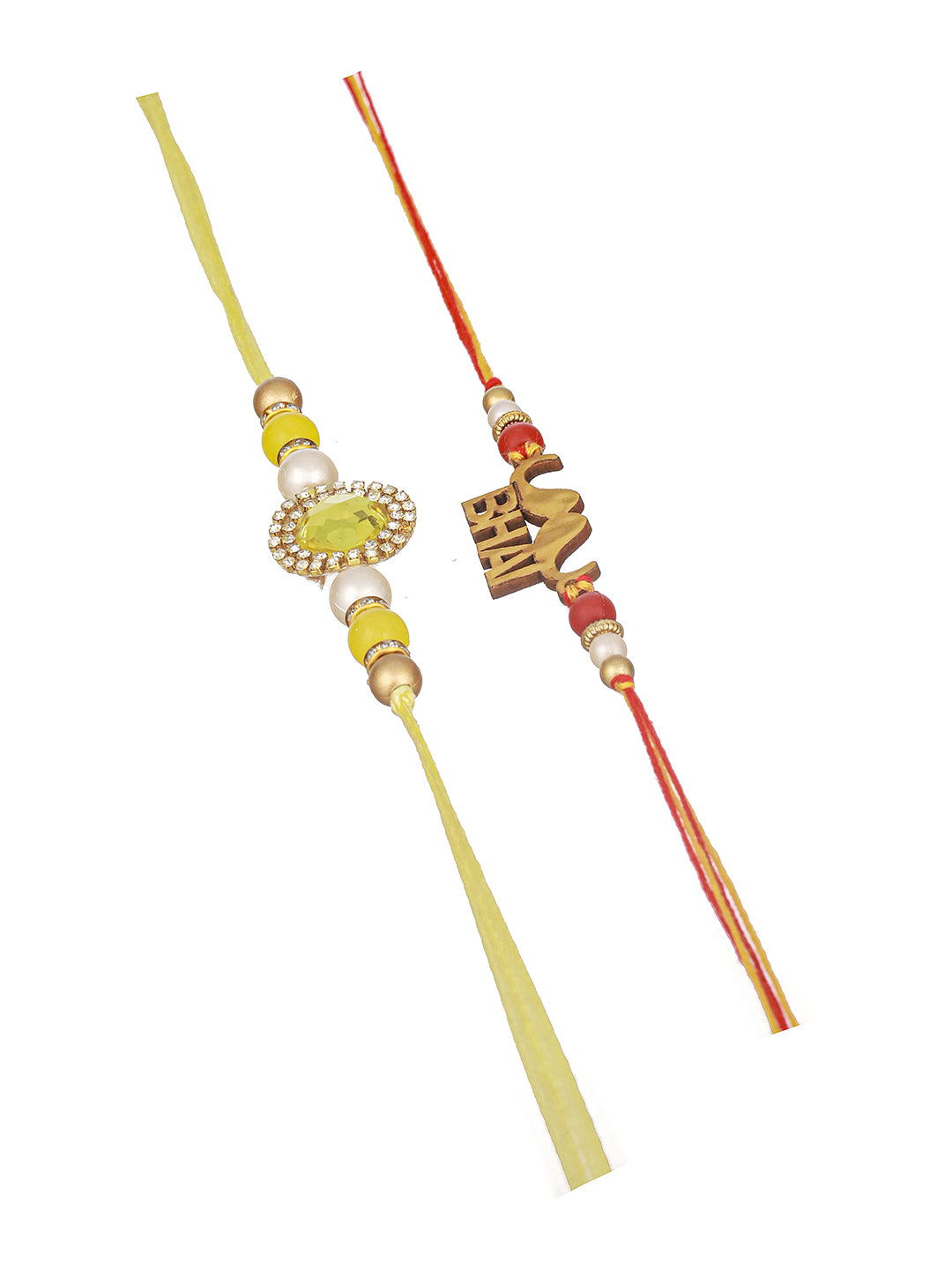 Set Of 2 Red Gold BHAI Thread Rakhi With Roli Chawal Pooja Plate