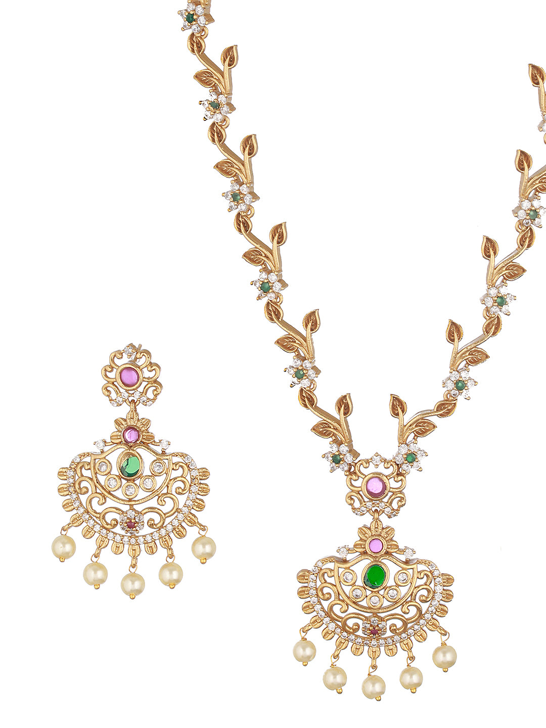 Gold Plated CZ Studded Floral Necklace Jewellery Set