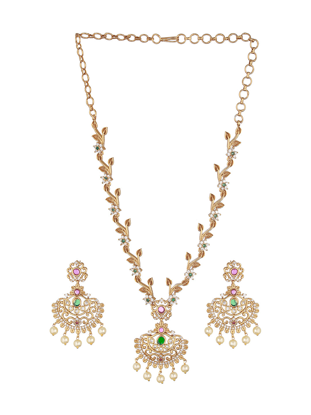 Gold Plated CZ Studded Floral Necklace Jewellery Set