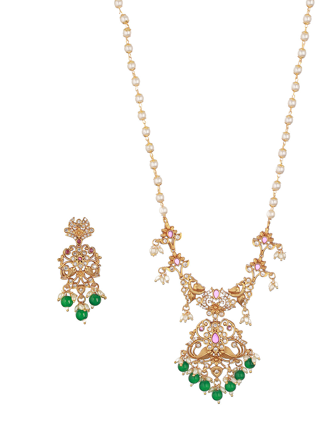 Gold Toned Pearl Mala Peacock Haram Necklace Jewellery Set