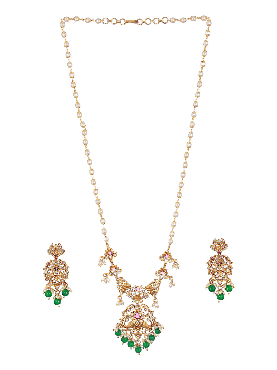 Gold Toned Pearl Mala Peacock Haram Necklace Jewellery Set