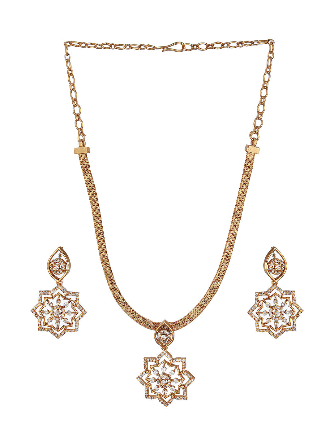 Gold Plated CZ Studded Floral Locket Jewellery Set