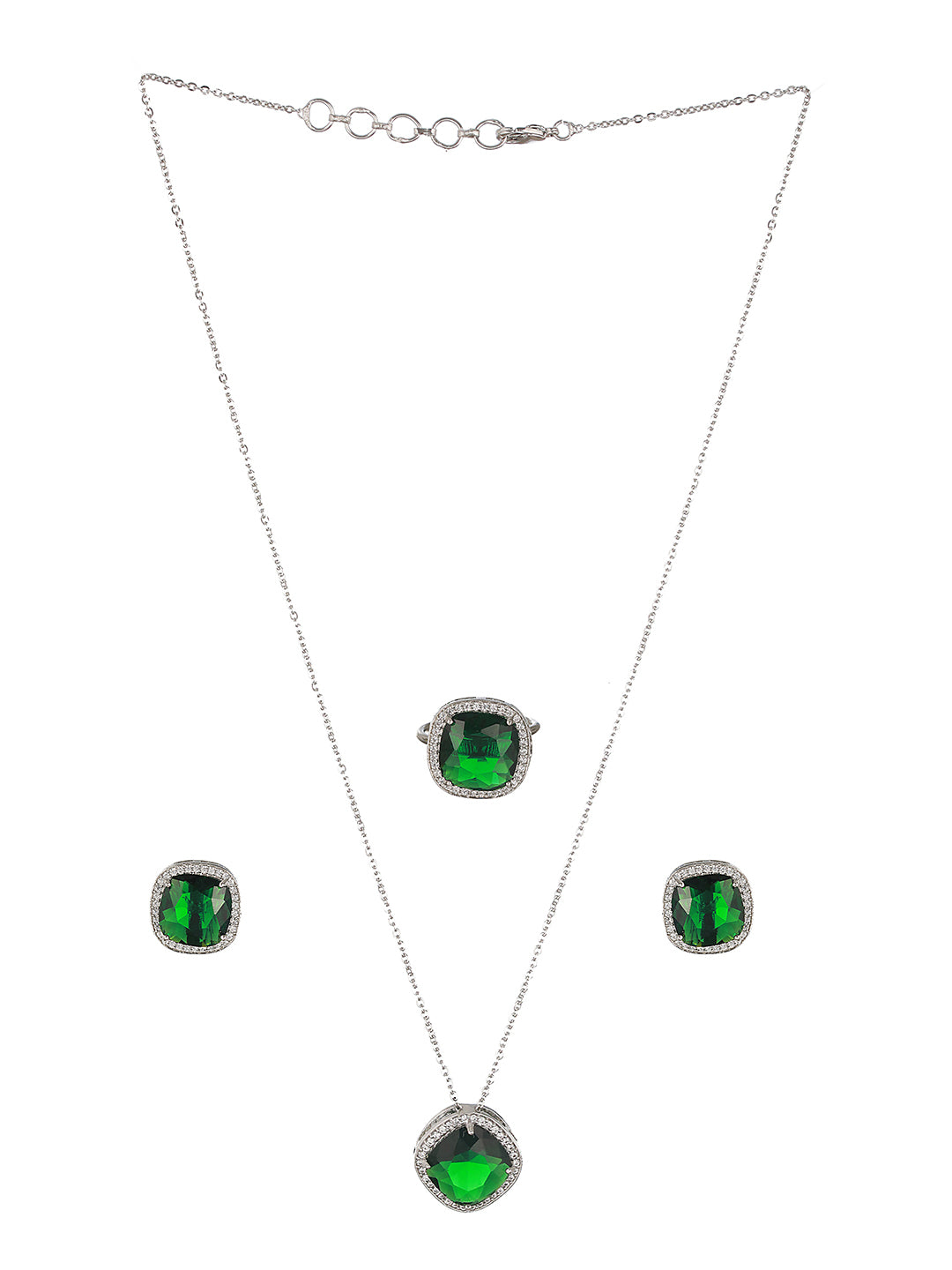 Silver Plated Green CZ Studded Combo Ring Jewellery  Set
