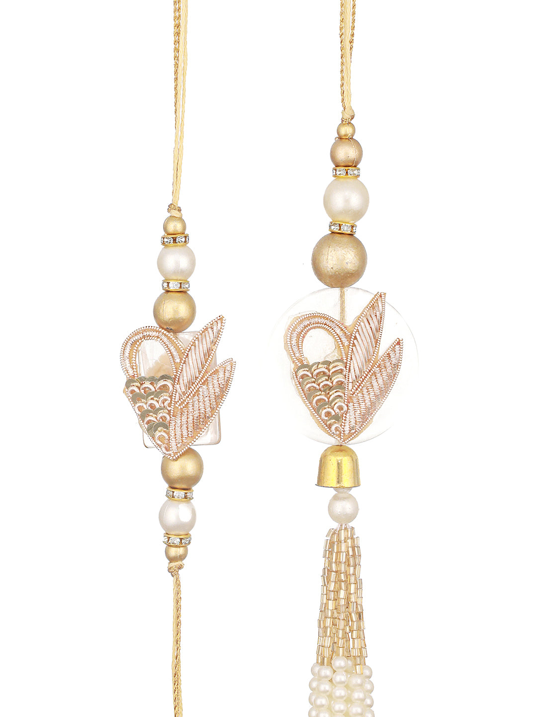 Set Of 2 Zardozi & Pearl Beaded  Ethnic Designer Lumba Rakhi Set With Roli Chawal