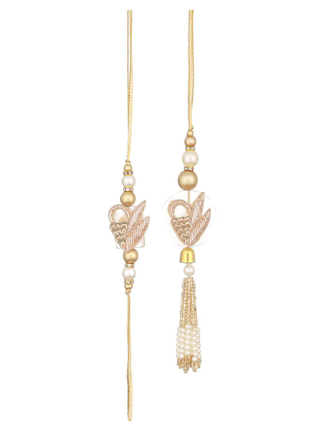 Set Of 2 Zardozi & Pearl Beaded  Ethnic Designer Lumba Rakhi Set With Roli Chawal