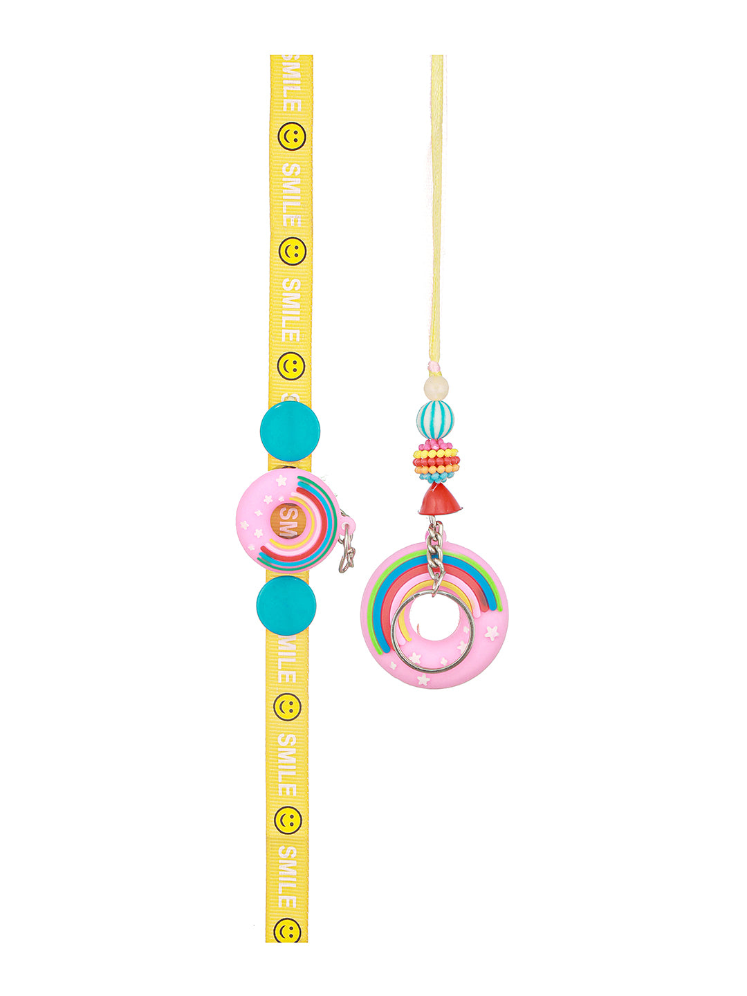 Set Of 2 Boy & Girl Donut  Key Chain Toy Rakhi Set with Roli Chawal