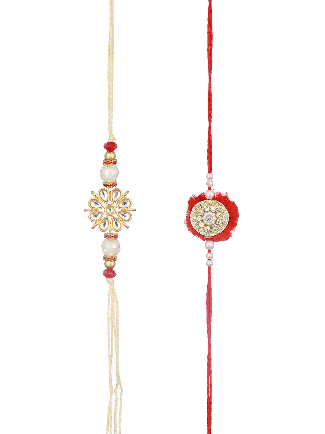 Set Of 2 Kundan Studded & Pearl Beaded Traditional  Thread Rakhi With Roli Tilak