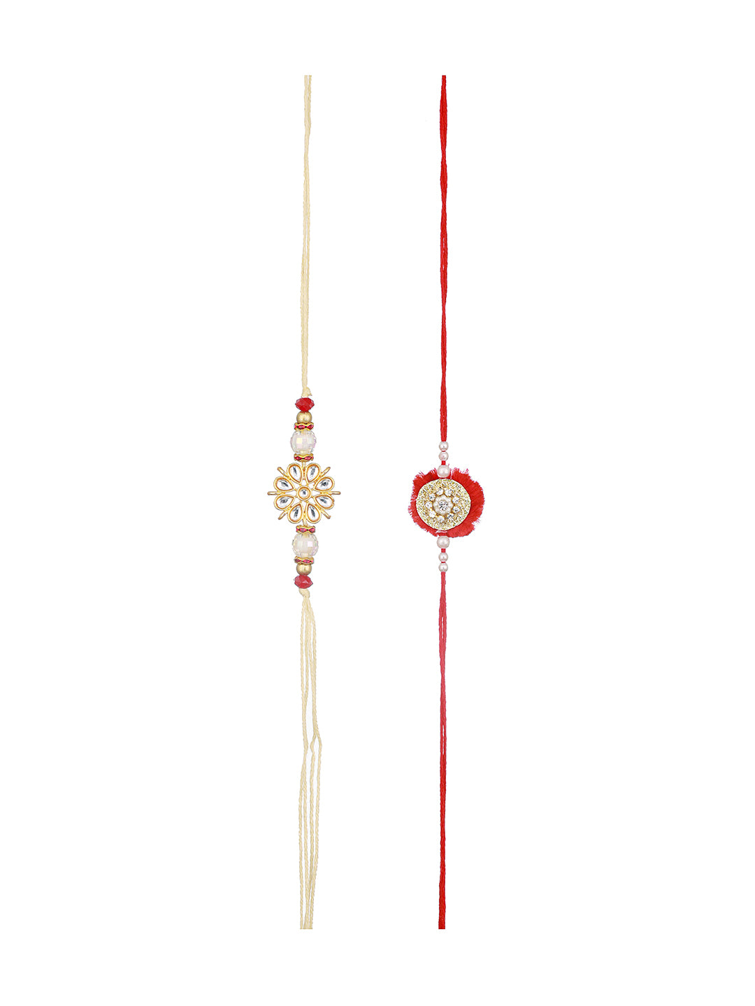 Set Of 2 Kundan Studded & Pearl Beaded Traditional  Thread Rakhi With Roli Tilak