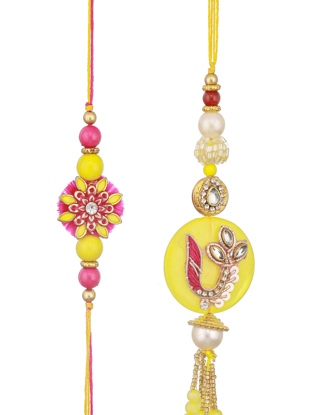 Set of 2 Yellow Kundan  Rakhi For Bhaiya & Bhabhi  Handcrafted Lumba Rakhi Set With Roli Chawal