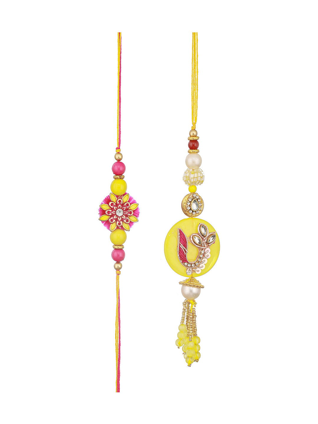 Set of 2 Yellow Kundan  Rakhi For Bhaiya & Bhabhi  Handcrafted Lumba Rakhi Set With Roli Chawal