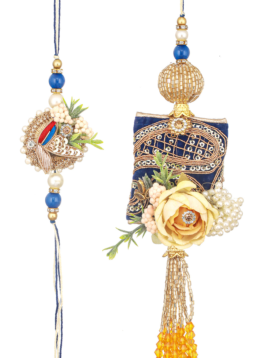 Set of 2 Kundan & Pearl Beaded Handcrafted Designer Rakhi Set For Bhaiya & Bhabhi with Roli Chawal