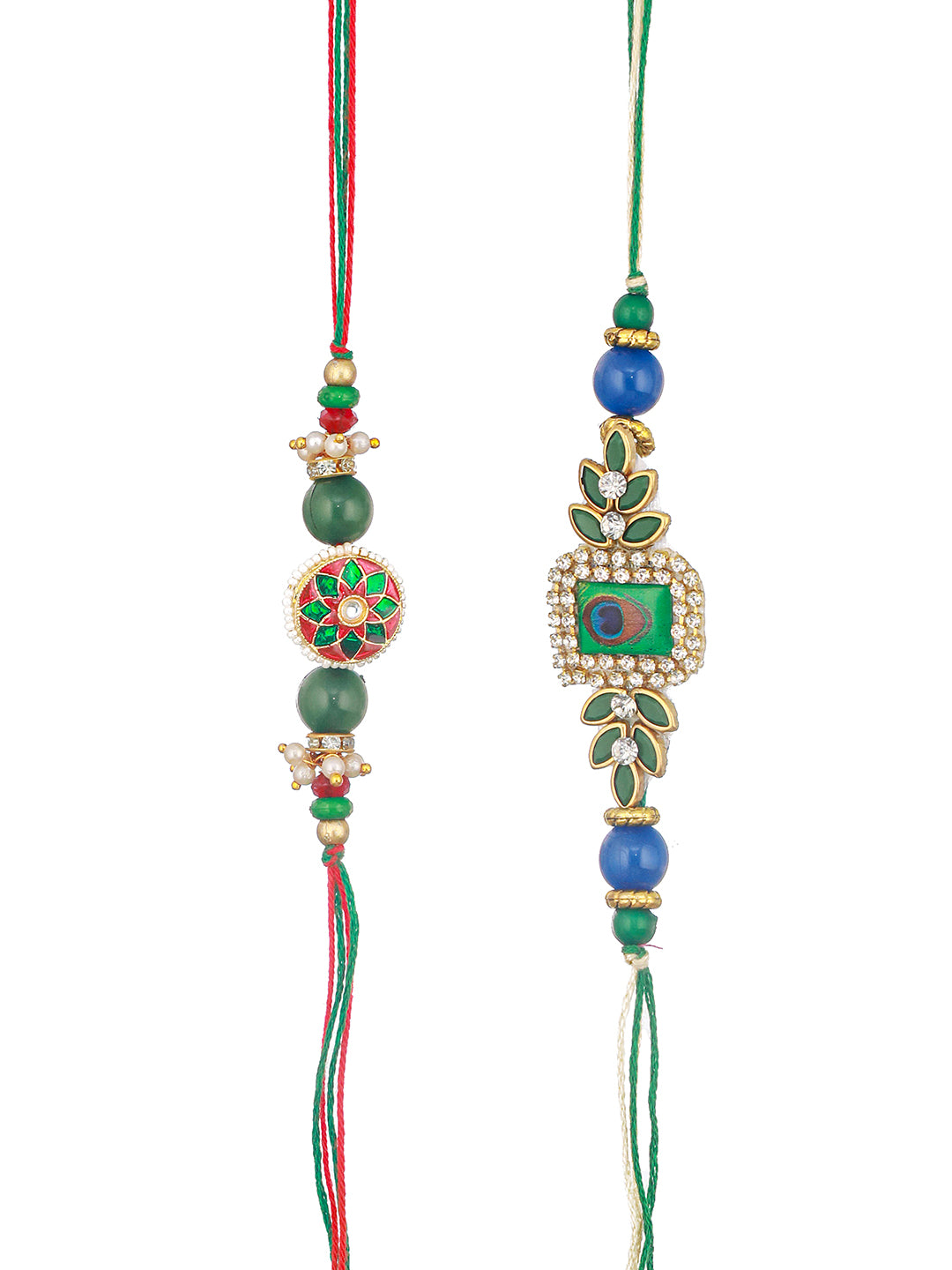 Set Of 2   Kundan Green Meenakari  Peacock Designer Rakhi With Roli Chawal