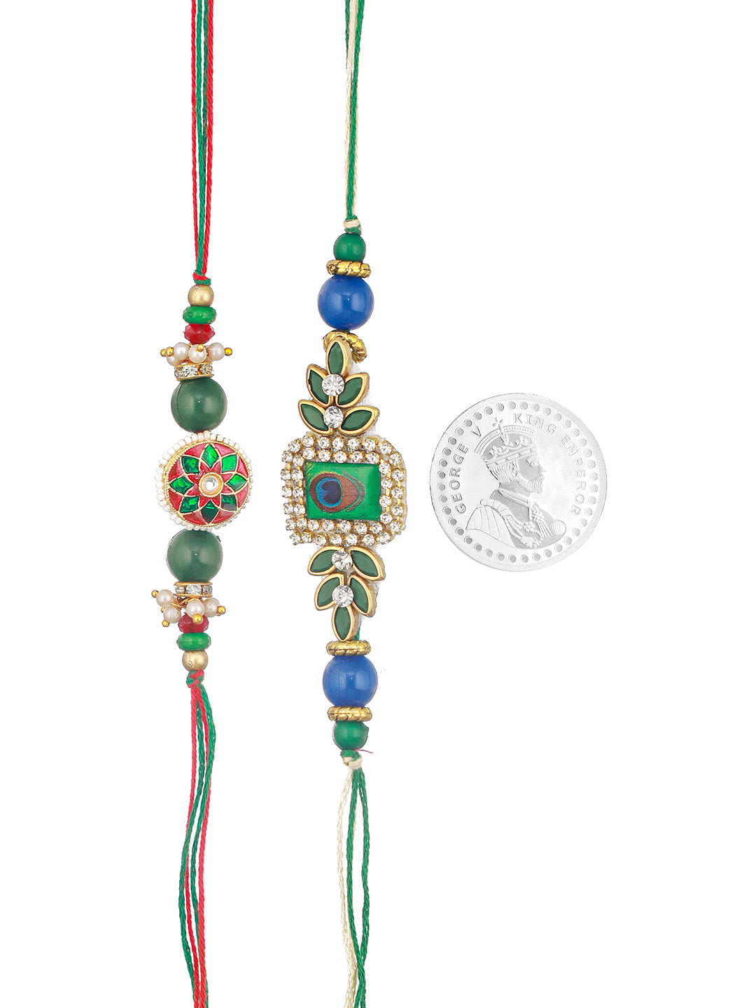 Set of 2 Kundan Green Meenakari Peacock Designer Rakhi with 999 Silver King George Round 10 gm Silver Coin