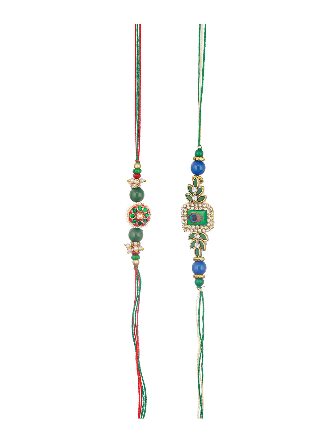 Set Of 2   Kundan Green Meenakari  Peacock Designer Rakhi With Roli Chawal