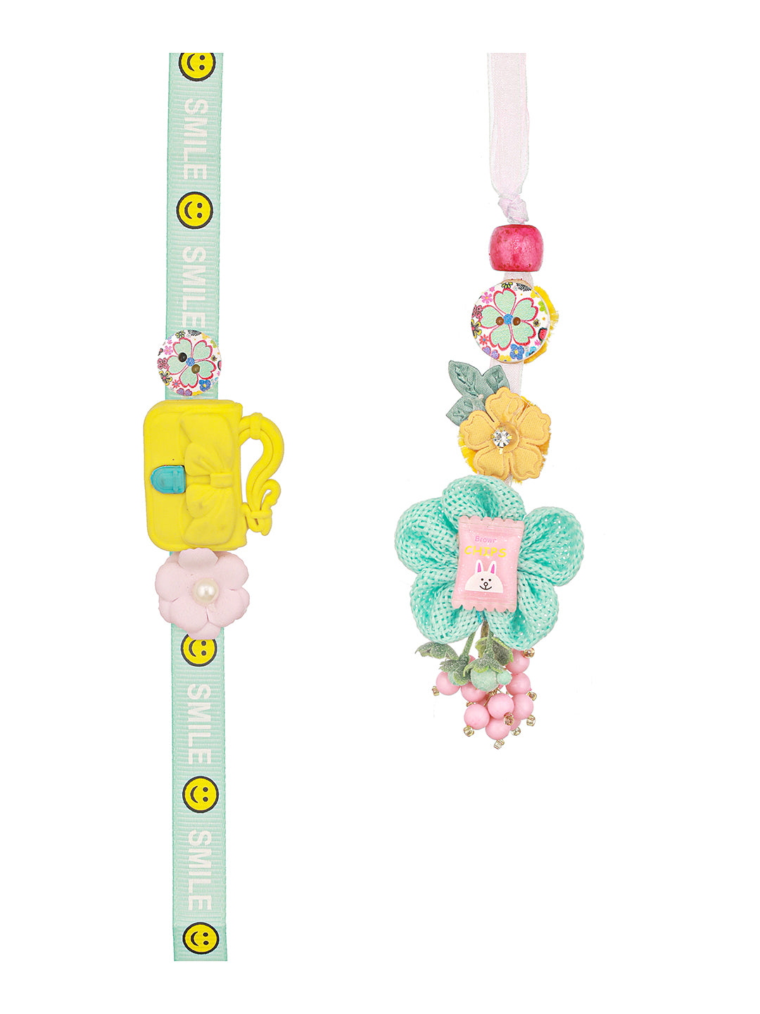 Set Of 2 Cute Handcrafted Ribbon Purse Flower Toy Rakhi Set For Kids