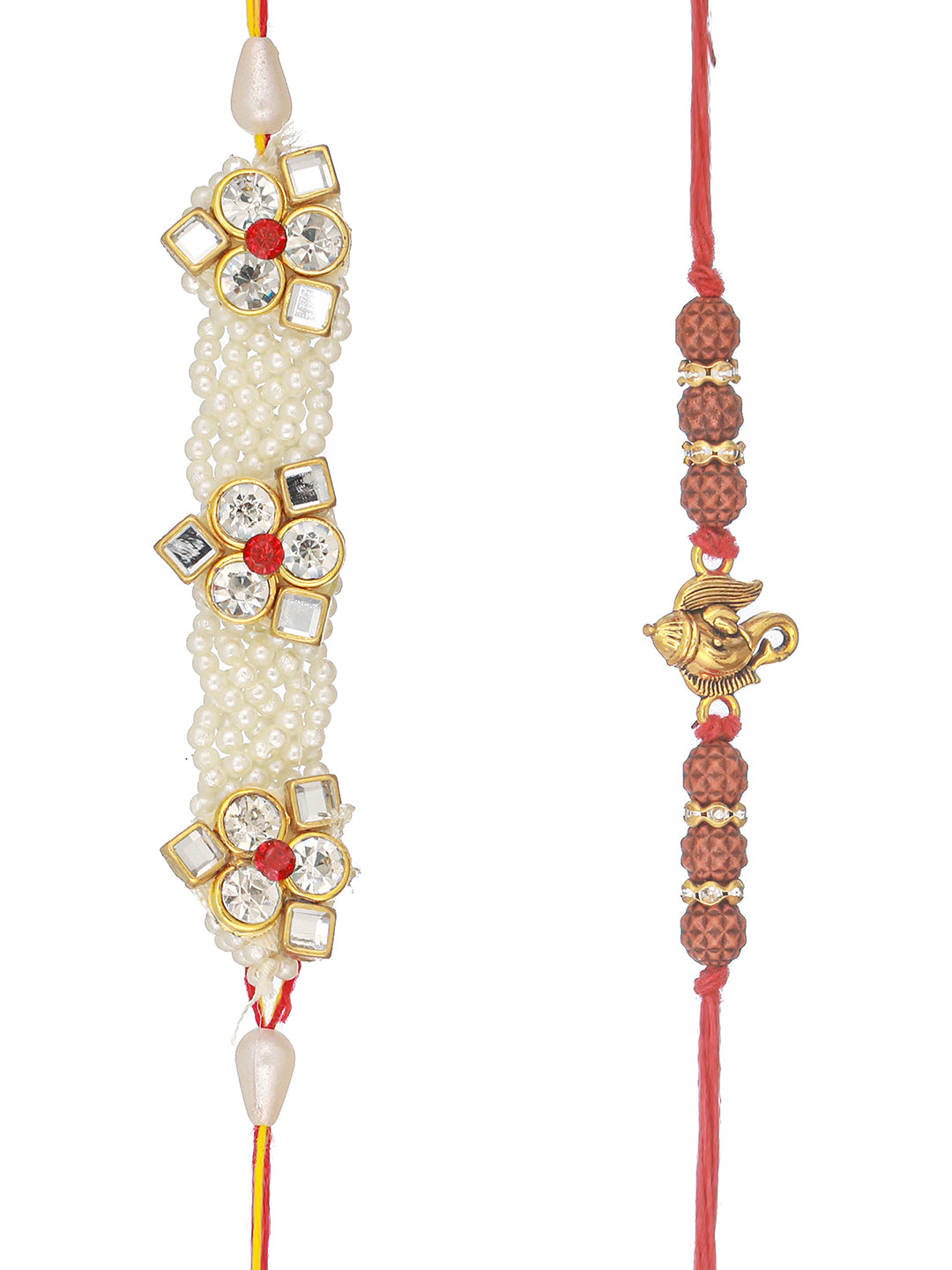 Set Of 2 Handcrafted  Ganesh Rudraksh & Pearl Beaded Combo Thread Moli  Rakhi Wth Roli Chawal