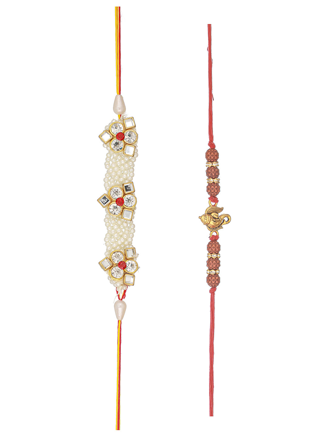 Set Of 2 Handcrafted  Ganesh Rudraksh & Pearl Beaded Combo Thread Moli  Rakhi Wth Roli Chawal