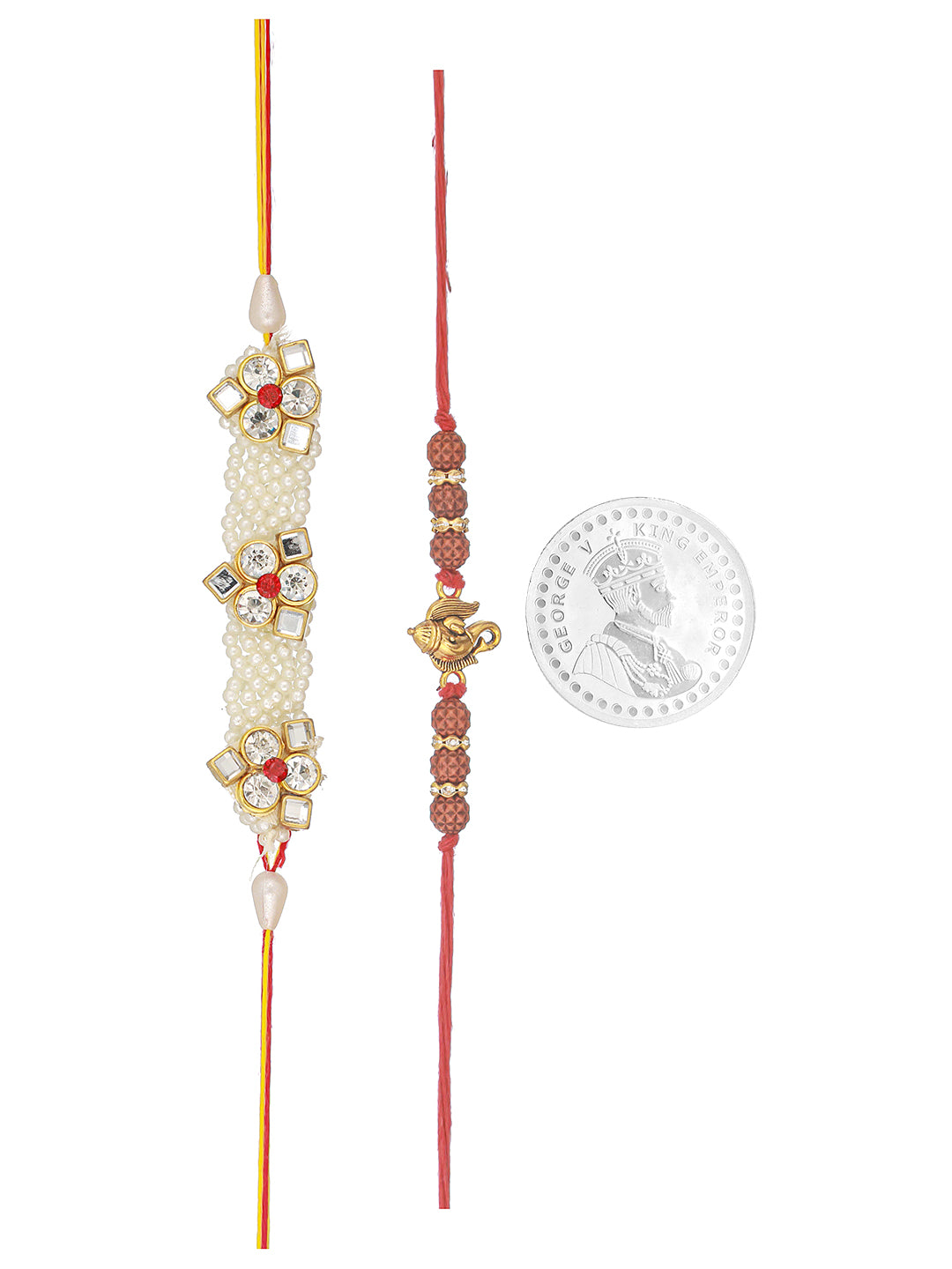 Set Of 2 Handcrafted Ganesh Rudraksh & Pearl Beaded Rakhi with 999 Silver King George Round 10 gm Silver Coin