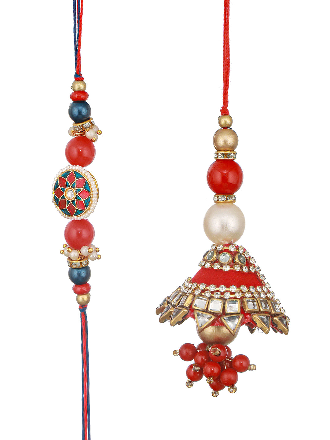 Set Of 2 Designer Red  Kundan & pearl  Handcrafted Lumba Rakhi Set With Roli Chawal For Bhai & Bhabhi