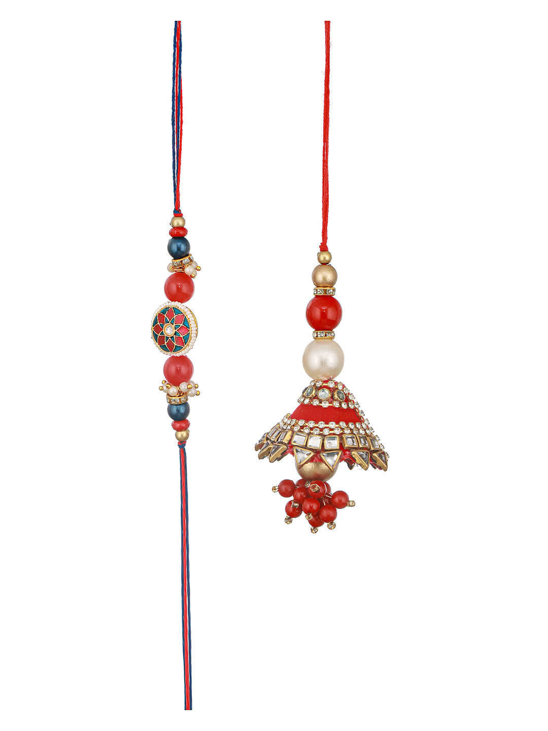 Set Of 2 Designer Red  Kundan & pearl  Handcrafted Lumba Rakhi Set With Roli Chawal For Bhai & Bhabhi