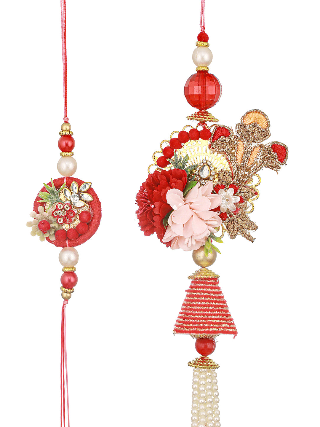 Set of 2 Designer Red  Kundan Zardozi  Handcrafted Lumba Rakhi Set With Roli Chawal For Bhai & Bhabhi