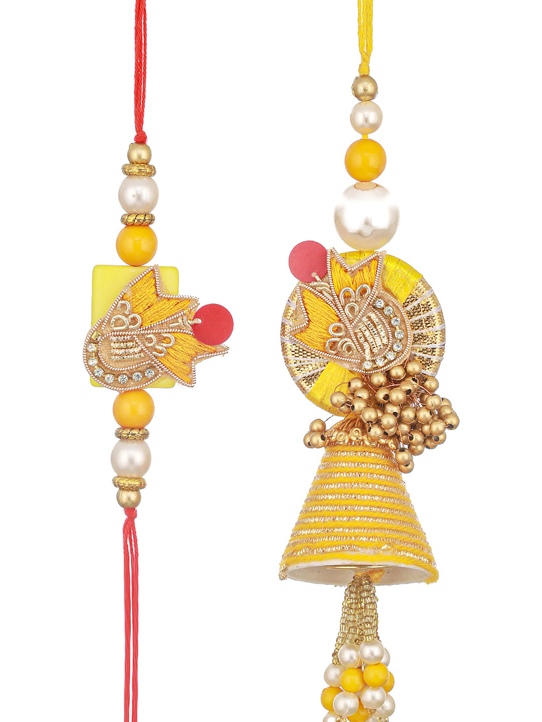 Set of 2 Yellow Designer Zardozi & Pearl Beaded Handcrafted Lumba Rakhi Set For Bhaiya & Bhabhi