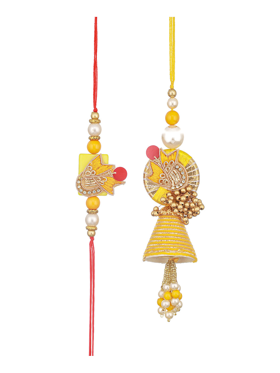 Set of 2 Yellow Designer Zardozi & Pearl Beaded Handcrafted Lumba Rakhi Set For Bhaiya & Bhabhi