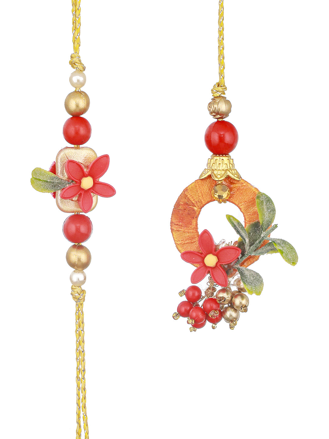 Set Of 2 Orange Red flower Beaded Handcrafted Lumba Rakhi Set For Boys & Girls with Roli Chawal